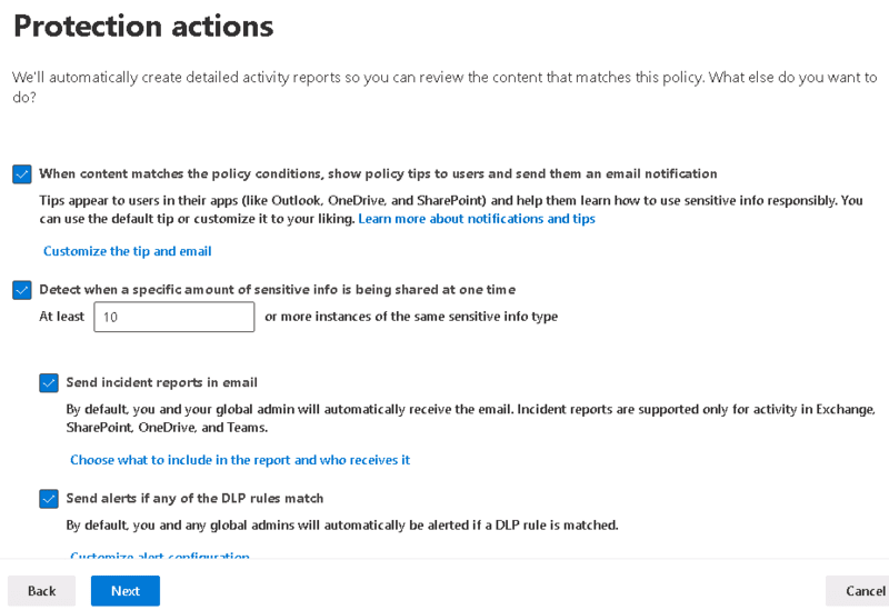 Policy Mode Page. Azure DLP configuration screen showing protection actions like alerts, incident reports, and sensitive info detection with rule thresholds.